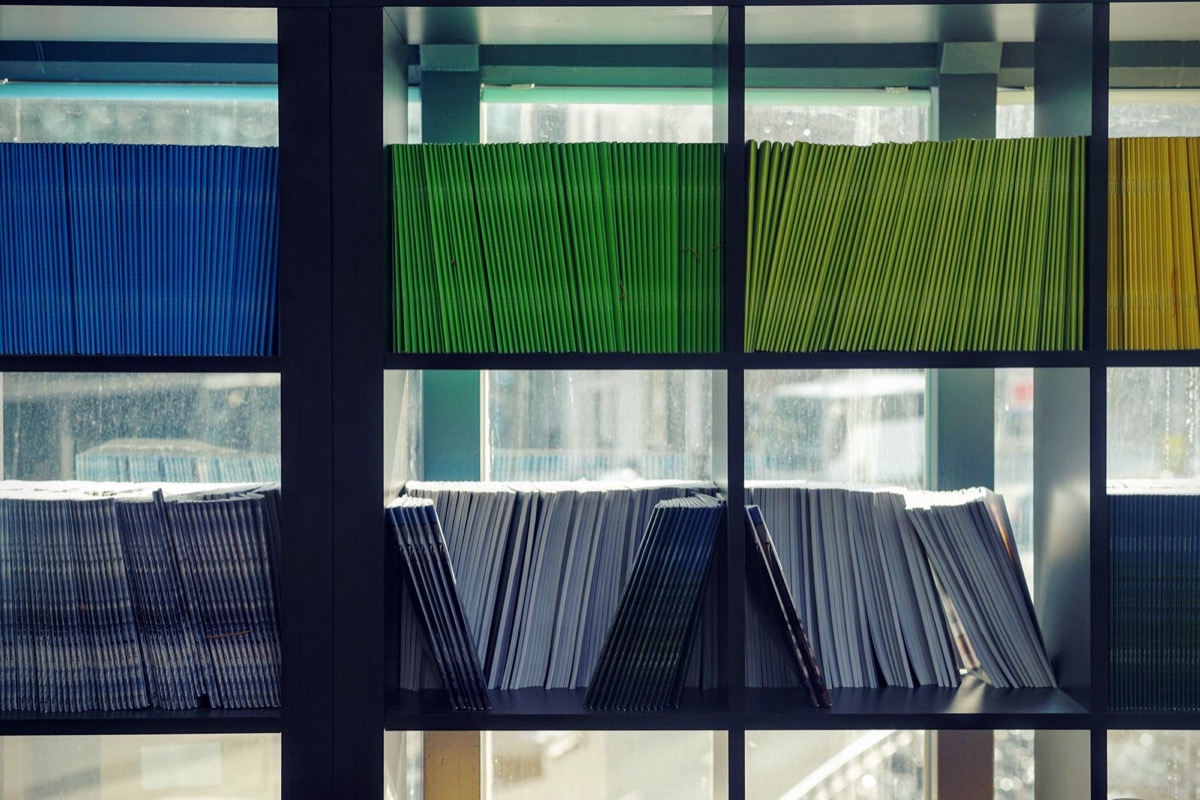 Blue, green and yellow booklets standing in rows on shelves behind a dark window frame